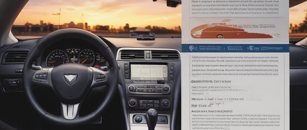 Realistic open guidebook on a car dashboard at dusk showing diagrams of a courtroom gavel, DMV build