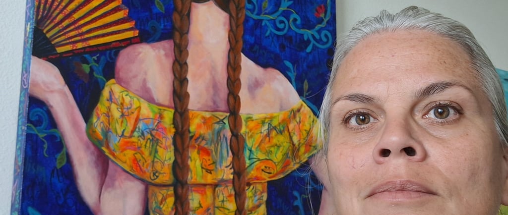 Visual artist Eileen A Art and her painting "Lady with a Fan in a Pollock Dress"