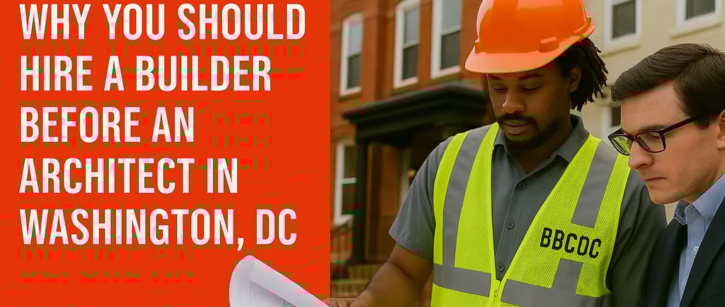 A general contractor and architect reviewing renovation plans in front of Washington, DC rowhouses with text overlay reading