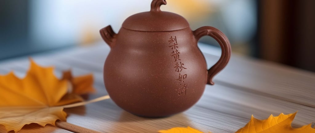 A carved teapot placed on a wooden table, accompanied by a maple leaf