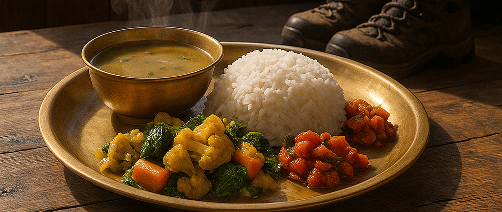 Traditional Nepali dal bhat meal served in a rustic mountain teahouse during a trekking expedition i