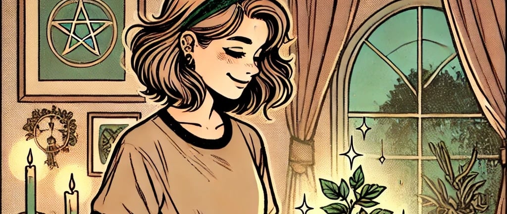 a woman standing in front of a table with a potted plant