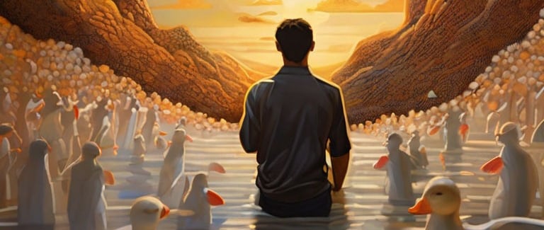 hombre entre patos camina hacia la luz
