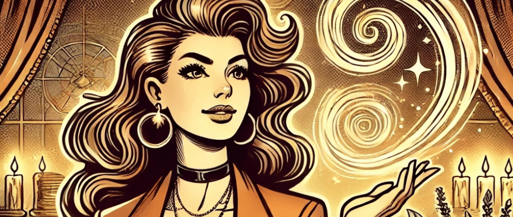 a woman in a brown jacket is holding a pen and a pen