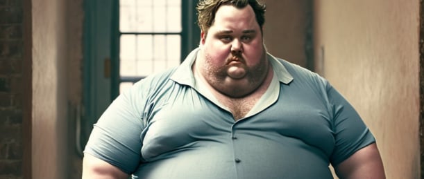 AI generated image of an obese man in a green shirt and striped trousers walking down a narrow hallway