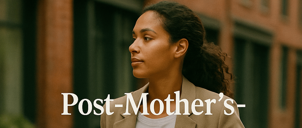 a woman walking down a street with a text overlay that says post - mother