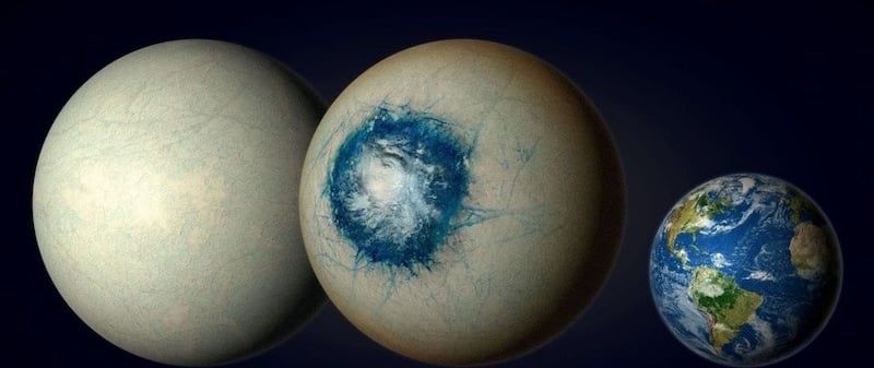 Ilustração artística do exoplaneta LHS 1140b com oceano sob gelo, comparado à Terra.