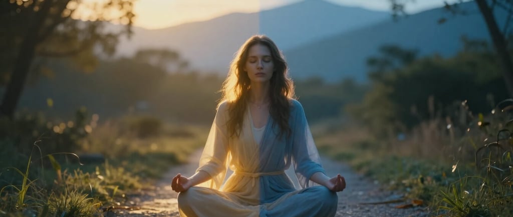 Woman meditating at crossroads representing intuition versus anxiety choice