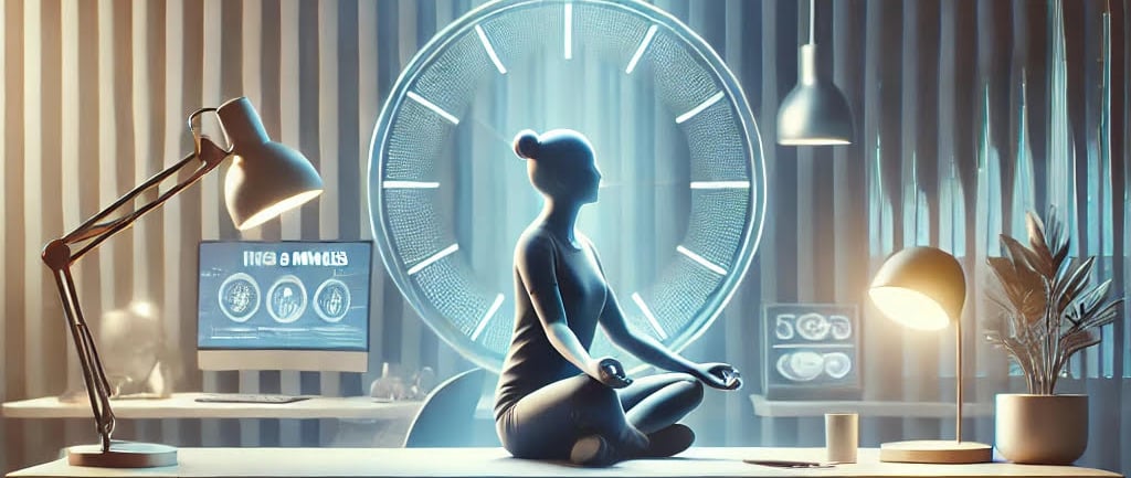 a woman sitting on a desk with a clock and a clock
