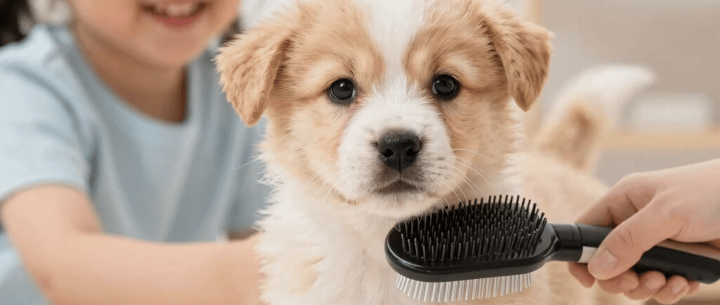 A cheerful golden retriever happily playing with a colorful chew toy in a sunny backyard.