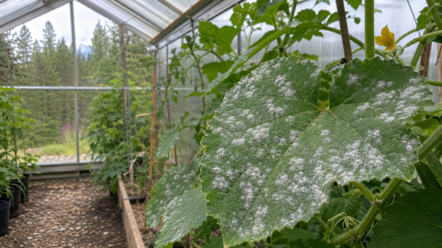 White powdery mildew fungus growing on green cucumber plant leaves inside a garden greenhouse.