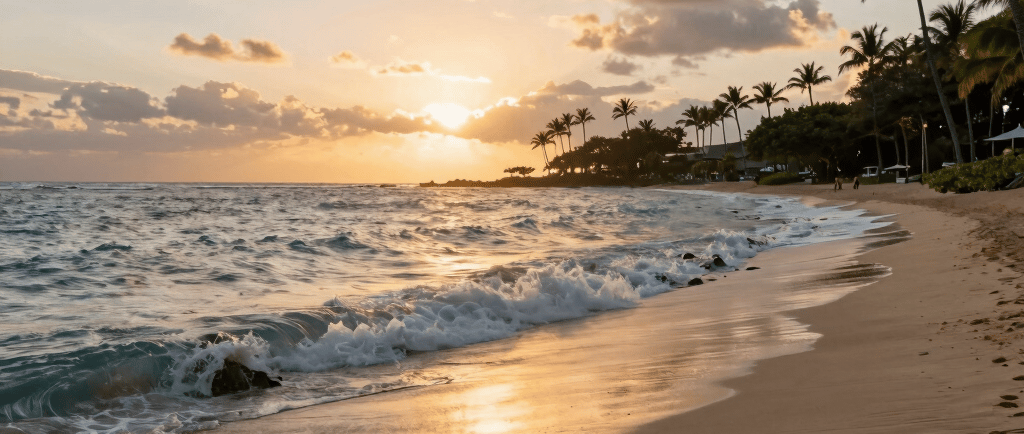 A serene sunrise over a quiet beach, inviting travelers to start their day with calm and inspiration.