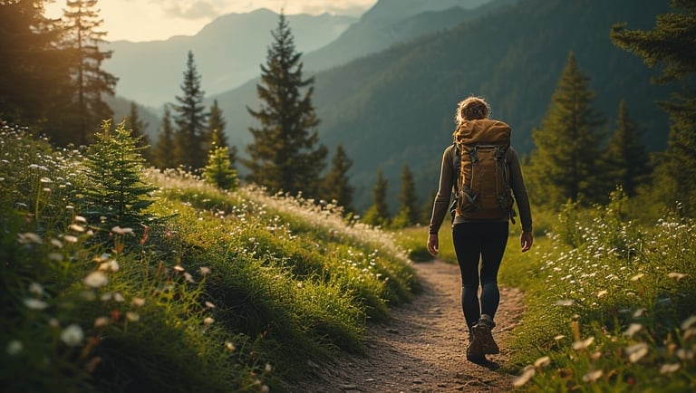 a person hiking down a path with a backpack