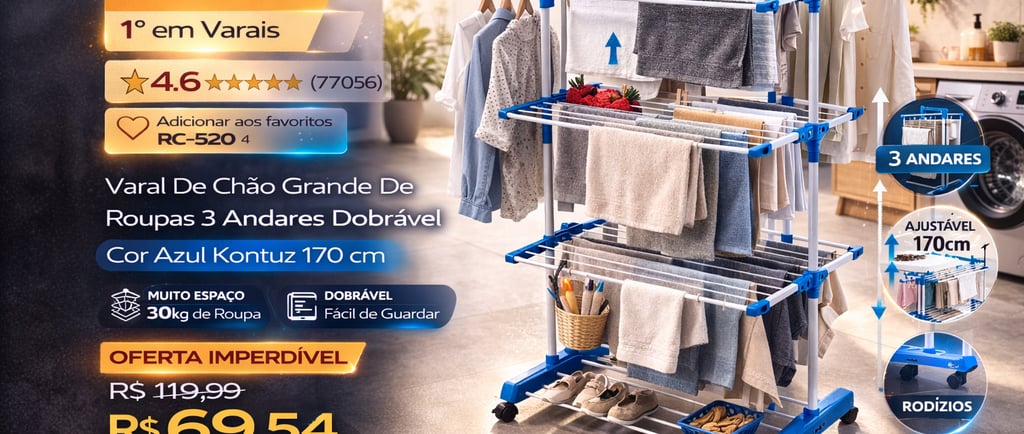 Varal de chão de 3 andares dobrável azul com rodízios para secagem de roupas em área de serviço.