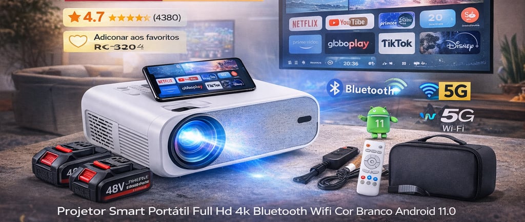 Projetor smart portátil branco Full HD 4K com Android 11, Wi-Fi 5G e Bluetooth para cinema em casa.