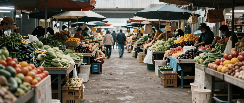 Woman in conical hat at a busy market street