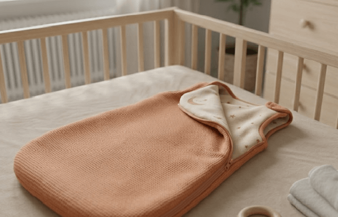 Veilig slapen baby in wollen slaapzak terracotta