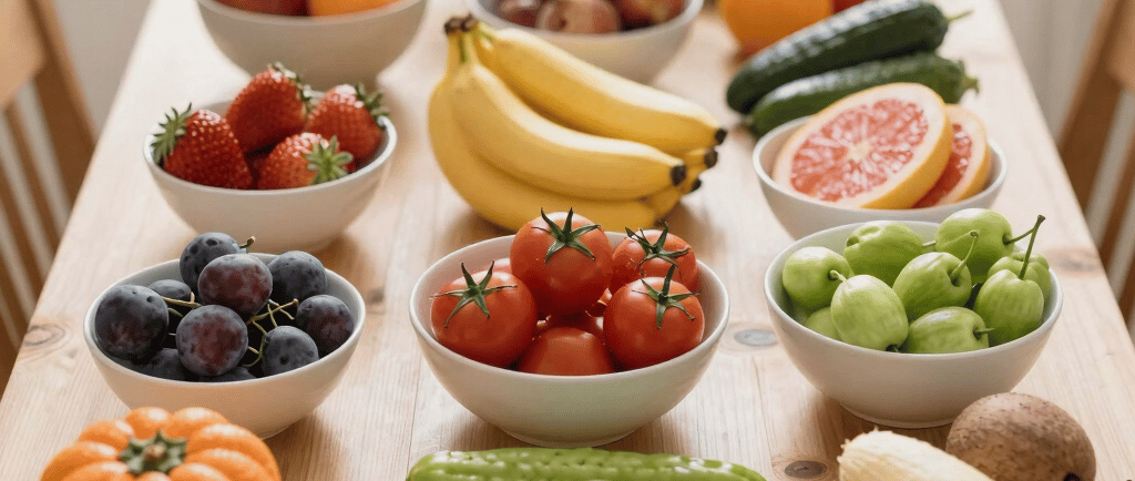 A colorful bowl filled with fresh fruits and vegetables on a rustic wooden table, symbolizing healthy eating.