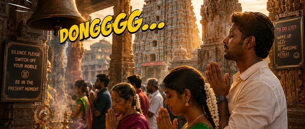 Hindu devotees praying at an ancient Indian temple with a large bronze bell and ornate gopuram architecture.