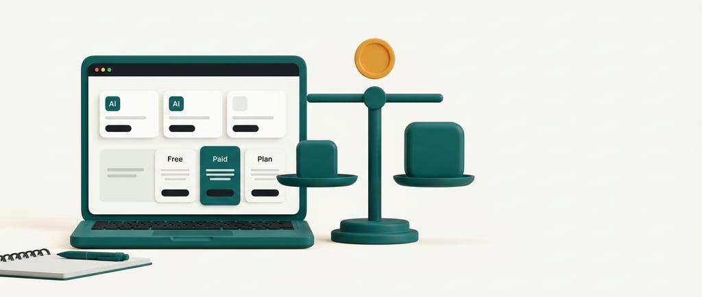 3D illustration of a laptop showing AI pricing plans next to a balance scale and gold coin.