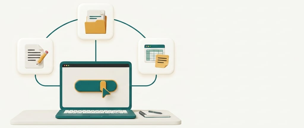 3D laptop illustration showing digital document management, file organization, and cloud data storage workflow.