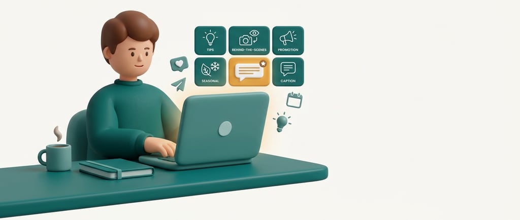 A 3D character using a laptop for social media content planning and AI digital marketing.