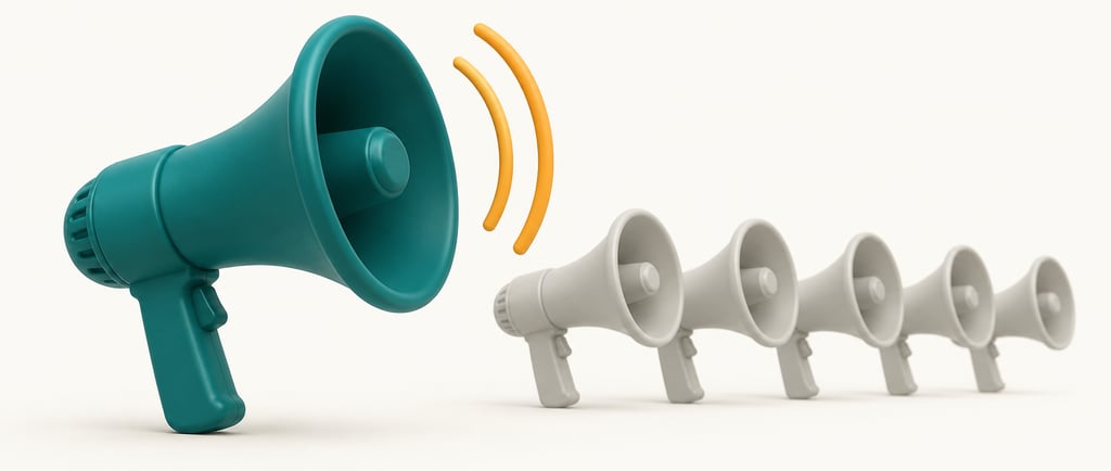 One bold teal megaphone standing out from a row of identical grey megaphones, representing a unique