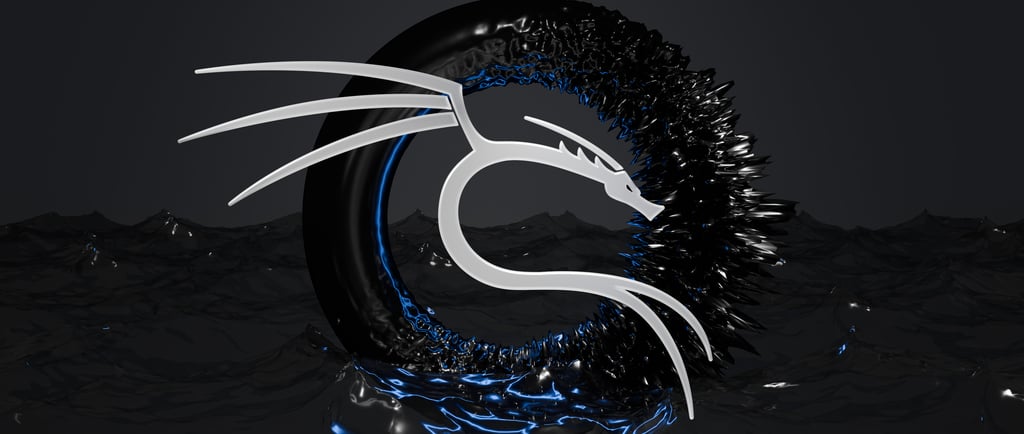 Kali Linux dragon logo in 3D silver chrome over a dark liquid ocean with a black ring.