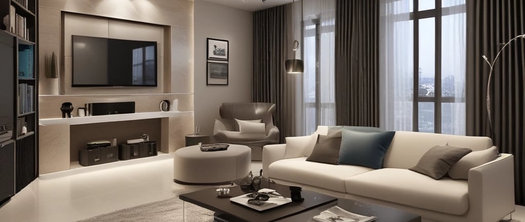 Woman listens to music with her dog by the window.