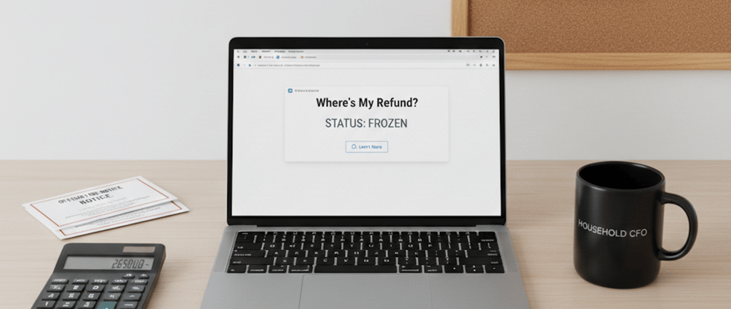 Professional tax planning workspace with calculator and laptop for 2026 refund strategy.