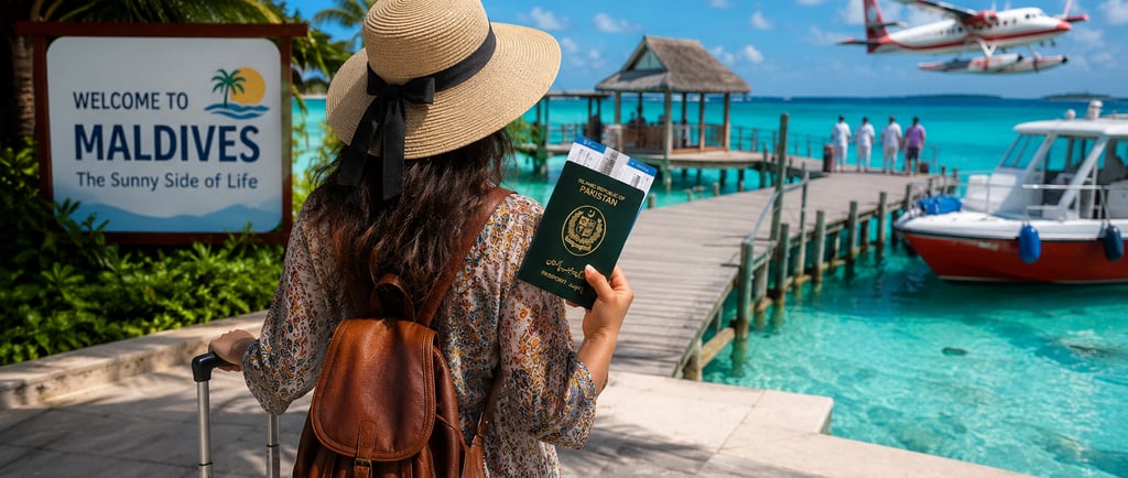 "Pakistani traveler arriving in the Maldives with a passport, luggage, and tropical island views, hi