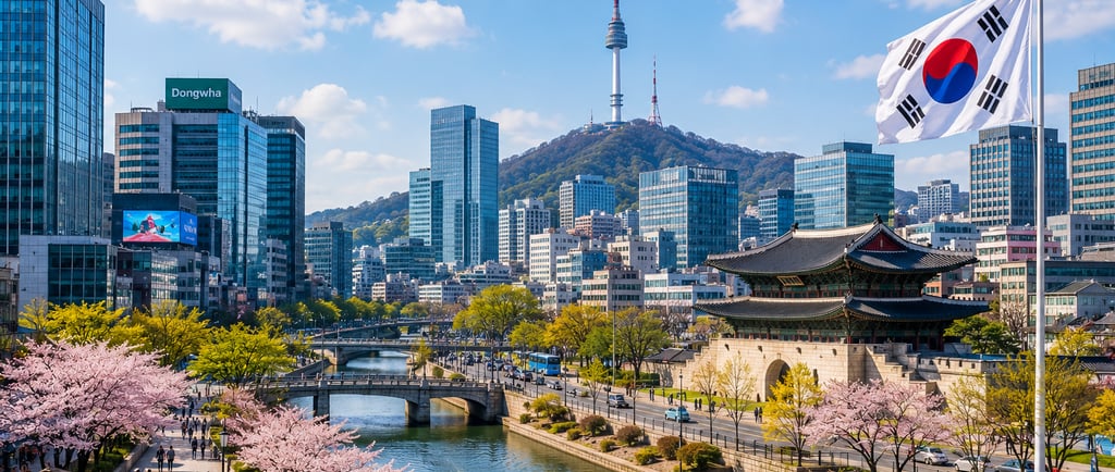 Beautiful Seoul city skyline with N Seoul Tower and Korean palace