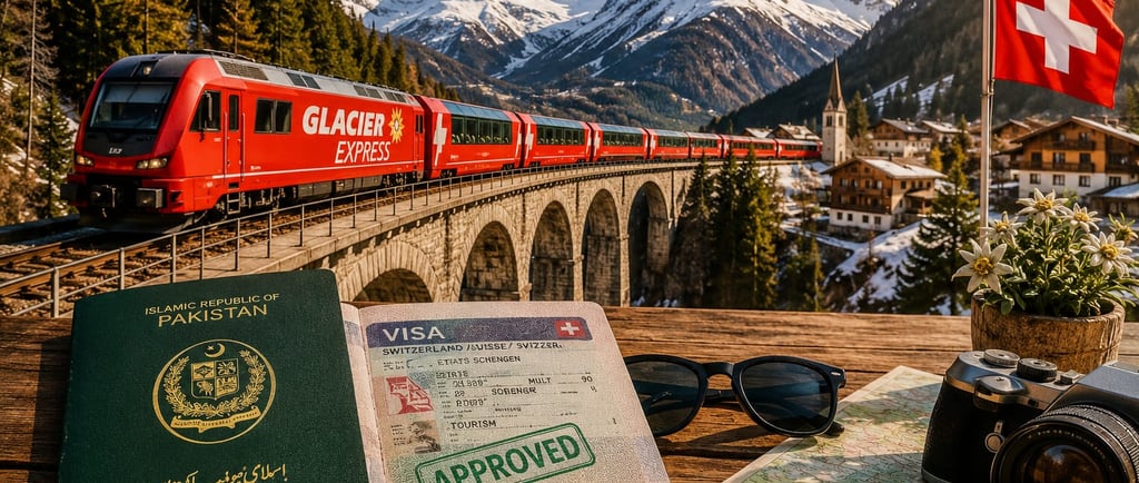 Pakistani passport with approved Switzerland visa on a wooden travel desk, iconic red Glacier Expres