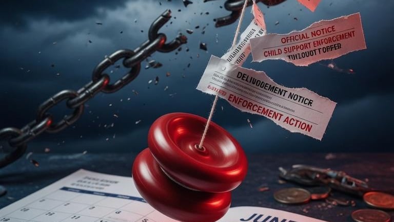 a red yo-yo spinning next to breaking chains with stripes of child support orders