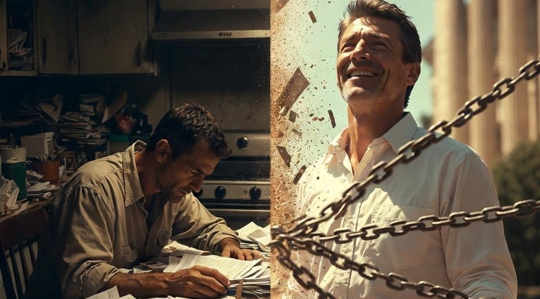 Man breaking free from child support paperwork and chains while requesting a modification