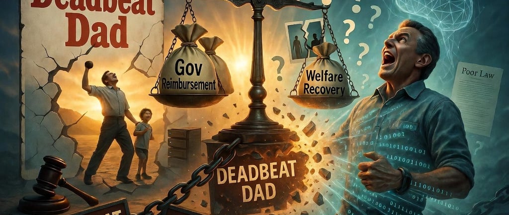 Symbolic illustration of a determined father breaking free from “Deadbeat Dad” chains