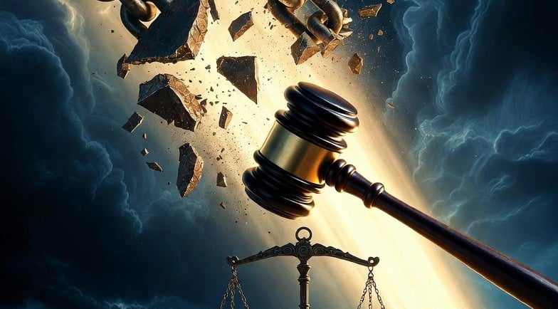 iron chains falling away from a wooden gavel
