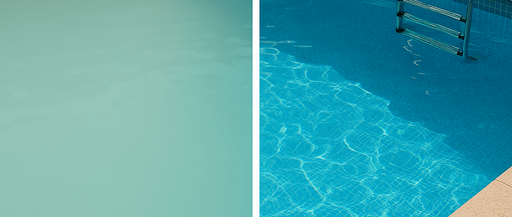 Before and after comparison of cloudy green pool water restored to crystal clear blue water.