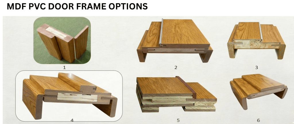 MDF PVC door frame cross-section options with wood grain pvc film,showing interior solution designs.
