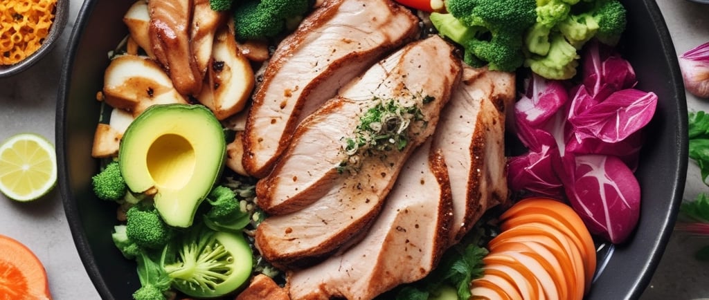 A serene morning scene of a mature woman practicing gentle stretching in her sunlit garden surrounded by lush greenery.