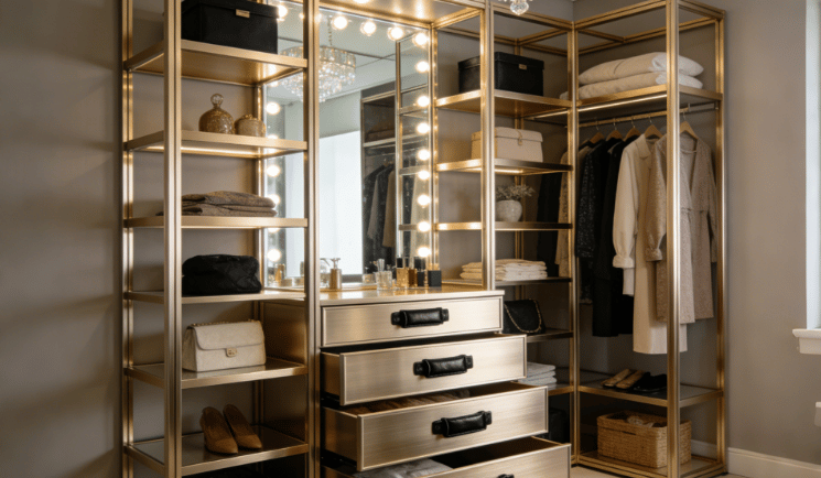 DIY aluminum profile furniture wardrobe frame in a modern bedroom, featuring adjustable shelves and