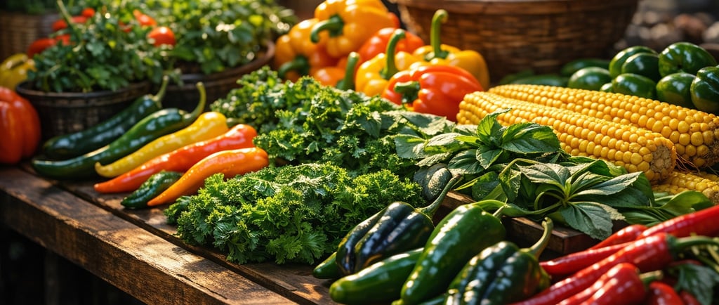 Fresh vegetables at a farmer's market — colorful bell peppers, chili peppers, corn, mushrooms, and leafy greens on wood