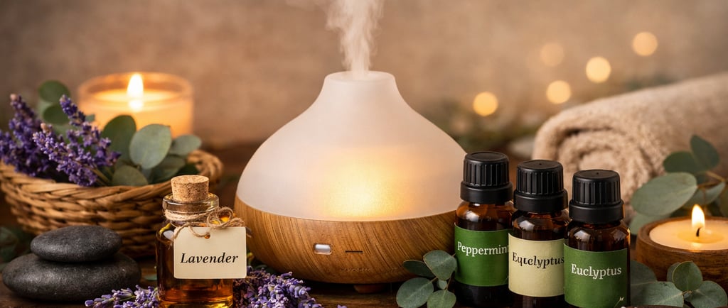 Frosted glass essential oil diffuser glowing and misting on a wooden surface beside labeled lavender, peppermint