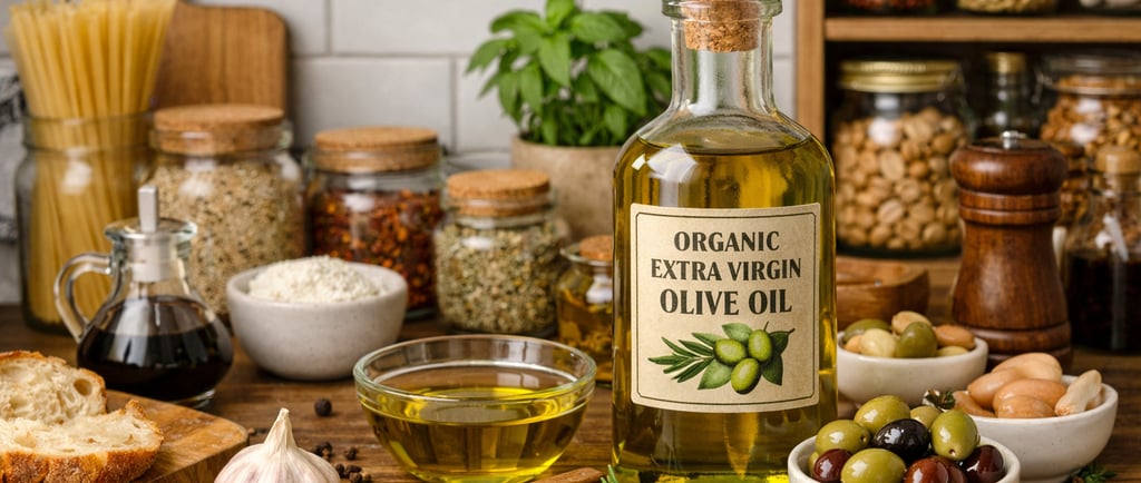 Organic extra virgin olive oil bottle on a rustic kitchen counter surrounded by olives, herbs, bread, and pantry jars
