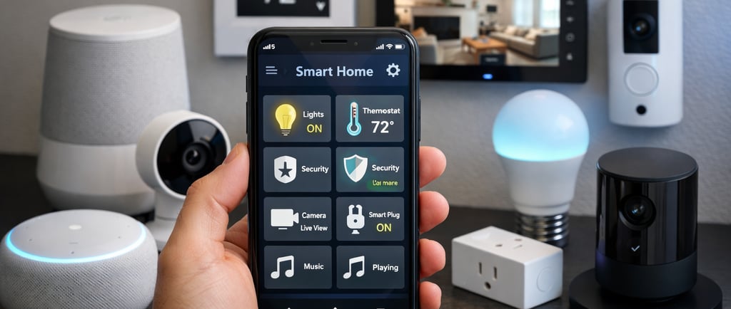 Smartphone displaying a smart home control app surrounded by connected devices including a smart speaker, security camera
