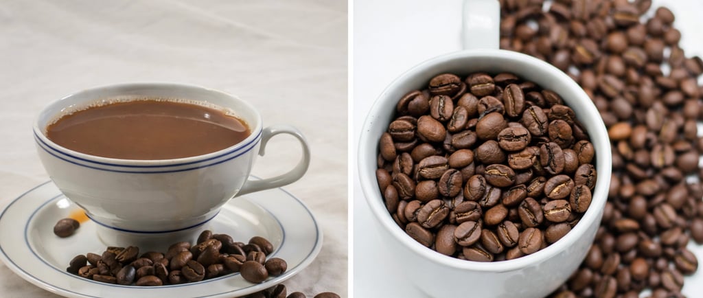 “Side‑by‑side image showing a cup of brewed coffee with scattered beans on the left and a cup filled with roasted coffee bean