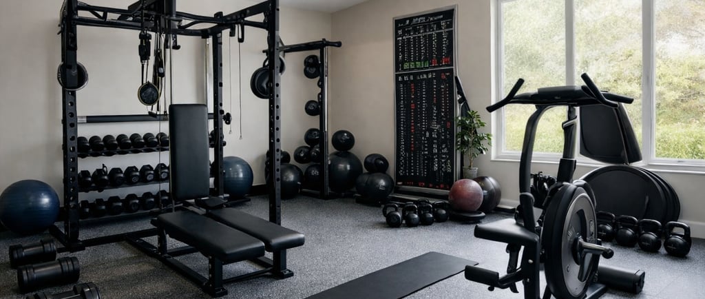 Modern home gym with black power rack, adjustable bench, dumbbells, stationary bike, and kettle bells arranged 