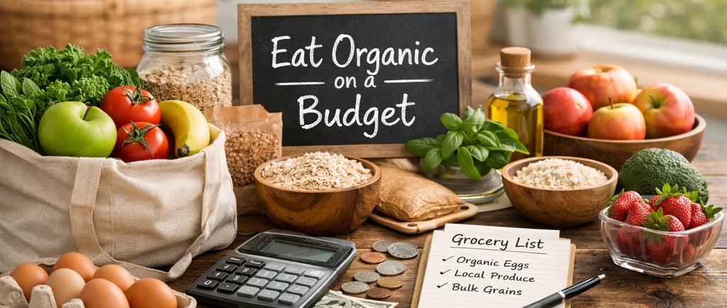 Organic eating on a budget setup featuring fresh produce, pantry staples, a grocery list, and a calculator arranged