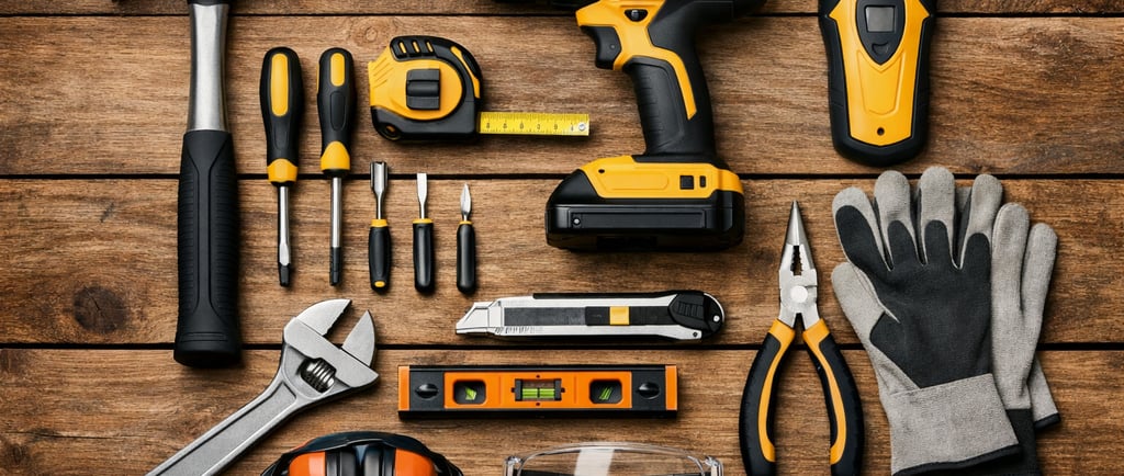 Ten essential DIY home tools neatly arranged on a wooden surface