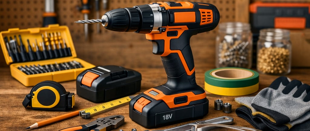 Beginner‑friendly cordless drill setup on a wooden workbench, featuring an orange and black cordless drill, drill bits